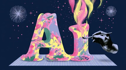 Fototapeta premium Playful abstract typography of AI lettering in mixed pink yellow green tones set on dark blue grid stage base, dotted decor and spirograph stars, black-white hand 