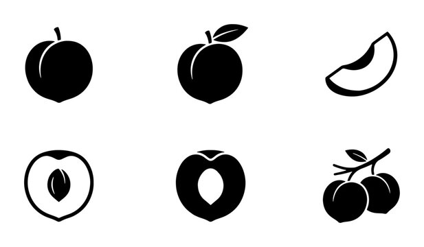 Peach Icons Set, Fresh Fruit Vector Graphics, Healthy Food Symbols, Sweet Summer Produce