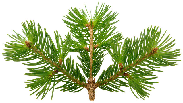 Pine tree branch with green needles and small cones