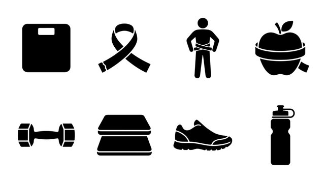 Fitness and Health Icons: Weight Scale, Ribbon, Person, Apple, Dumbbell, Step, Shoe, Bottle