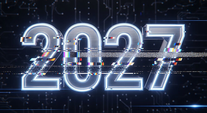 Happy new year 2027 futuristic digital typography with circuit board background