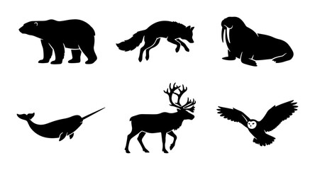 Arctic Wildlife Silhouettes: Polar Bear, Fox, Walrus, Narwhal, Reindeer, Owl Icons © Jahedul
