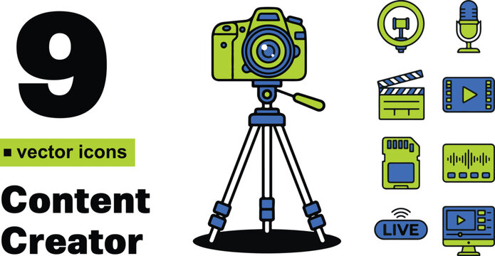 A vibrant set of nine content creator vector icons featuring a professional camera on a tripod with bright lime green and deep blue linear design elements.
