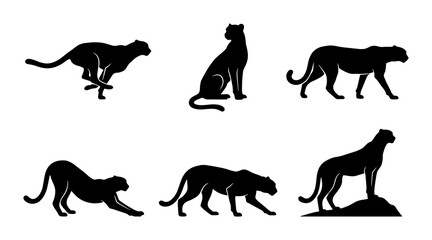 Cheetah Silhouette Collection, Wild Animal Poses Vector Set, African Big Cat Icons © Jahedul