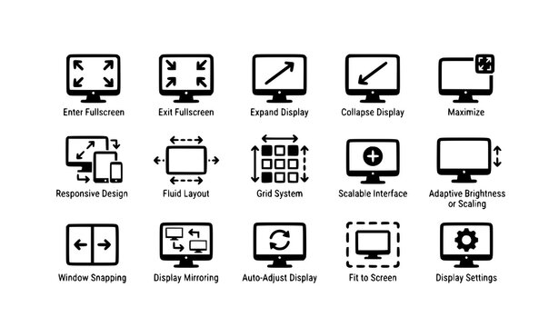 Minimalist fullscreen display icons with expand collapse and responsive UI symbols