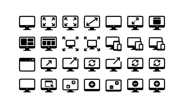 Modern display and fullscreen icon pack with scalability symbols black and white