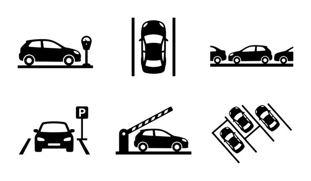 Car Parking Icons Set: Meter, Parallel, Accident, Valet, Barrier, Lot, Vector Graphics