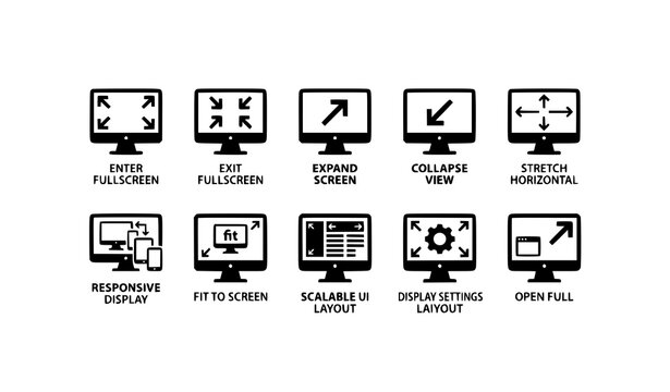 Horizontal display monitor and fullscreen icon set with responsive controls
