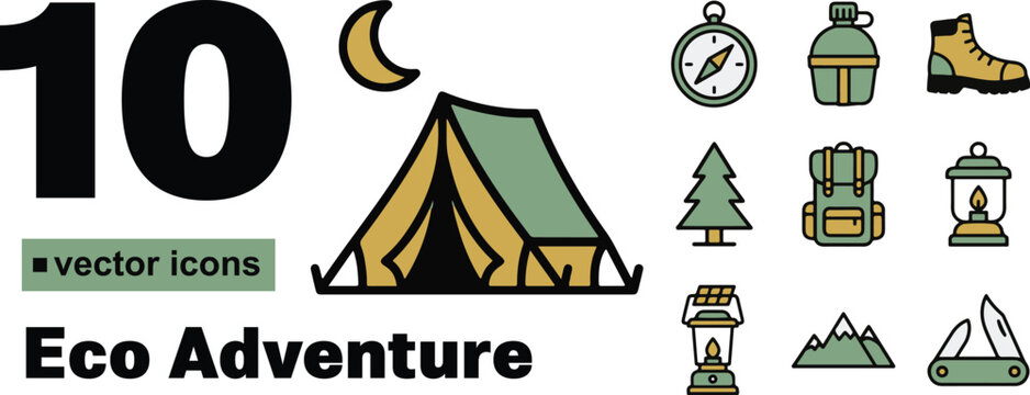 Ten colorful vector camping icons featuring a tent, compass, canteen, hiking boot, pine tree, backpack, lantern, solar lamp, mountain range, and a small folding knife.