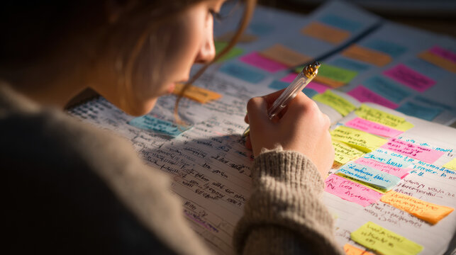 Focused Study Session: A diligent student immerses herself in a late-night study session, surrounded by organized notes and colorful sticky tabs.