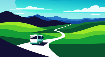 Fototapeta premium Beautiful scenic landscape vector illustration of a bus driving on a winding road through green rolling hills under a blue sky