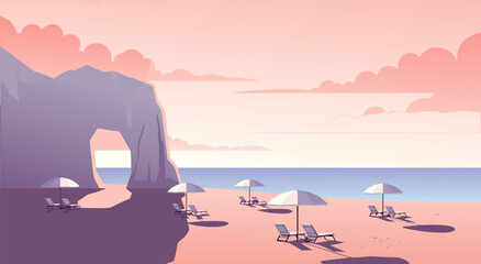 Beautiful pink sunset over a serene beach with lounge chairs and umbrellas, digital illustration and vector art, perfect for travel and leisure themes © DOLARRIZ JHON