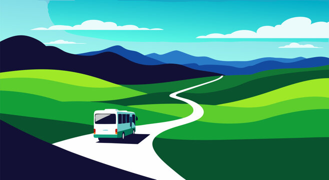Beautiful scenic landscape vector illustration of a bus driving on a winding road through green rolling hills under a blue sky