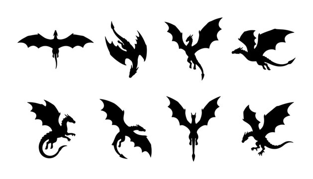 Dragon Silhouettes Collection, Mythical Creatures Vector Icons, Fantasy Beasts Graphic Set