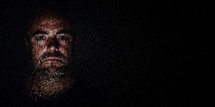 Digital ID Portrait of Man with Face made up of Numbers and Symbols. Zero trust Concept with copy-space.