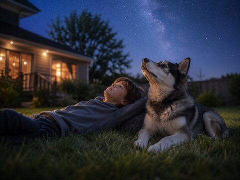 Child and husky stargazing together in backyard