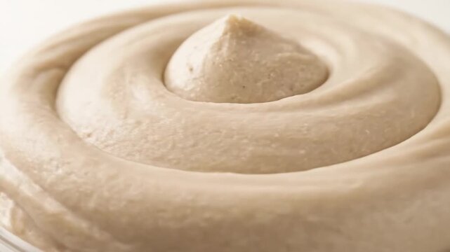 Macro close-up of light beige whipped cream or frosting, showing a perfect, textured swirl pattern piped to a central peak, ideal for dessert and bakery concepts.