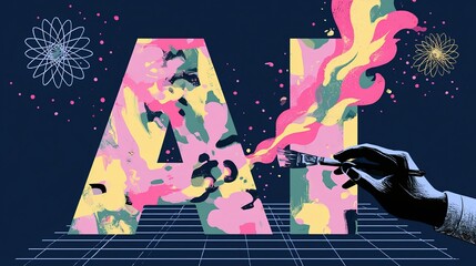Naklejka premium Playful abstract typography of AI lettering in mixed pink yellow green tones set on dark blue grid stage base, dotted decor and spirograph stars, black-white hand 