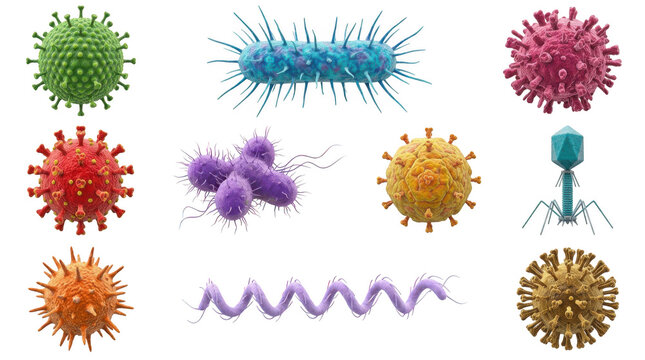 Set of various viruses and bacteria isolated on transparent background