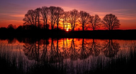 Naklejka premium Silhouette of trees reflecting in lake during vibrant sunset