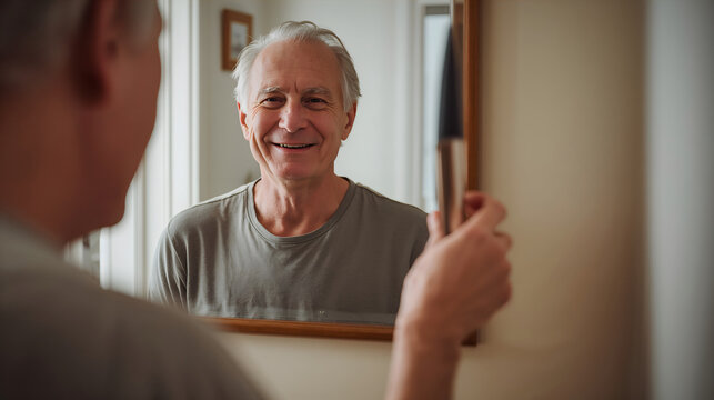 Man looking mirror reflection showing spontaneous genuine smile with casual clothes home interior and soft natural light creating intimate everyday generative AI