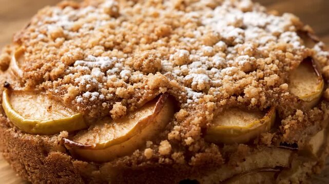 Close-up of homemade apple crumble cake or streusel cake topped with buttery crumbs, sliced baked apples, and dusted with powdered sugar on a wooden surface.