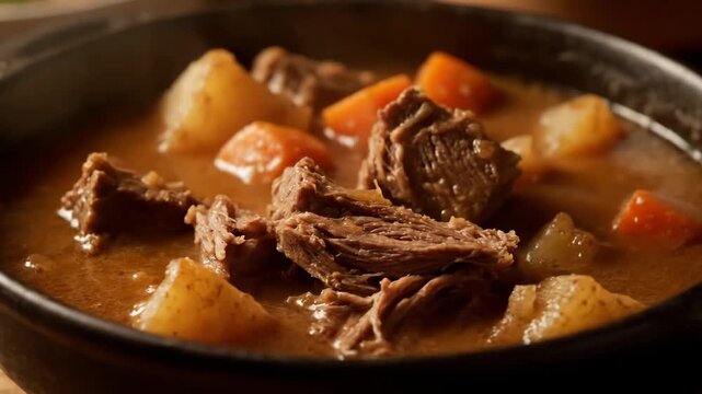 Delicious close-up of hearty steaming beef stew served in a black bowl, featuring tender slow-cooked shredded meat, large potato chunks, and carrots in a rich brown gravy.