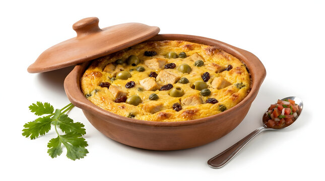 Panamanian tamal de olla, a traditional corn and chicken tamale casserole, isolated on a white background