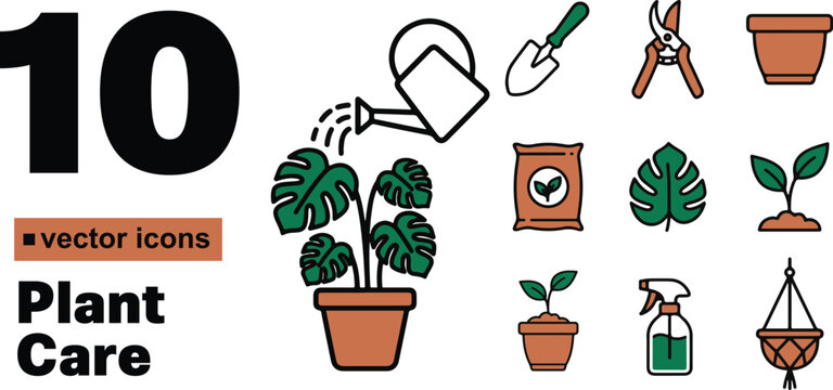 A set of ten colorful vector icons depicting professional plant care equipment including watering cans, trowels, pruning shears, soil bags, and decorative hanging terracotta pots.