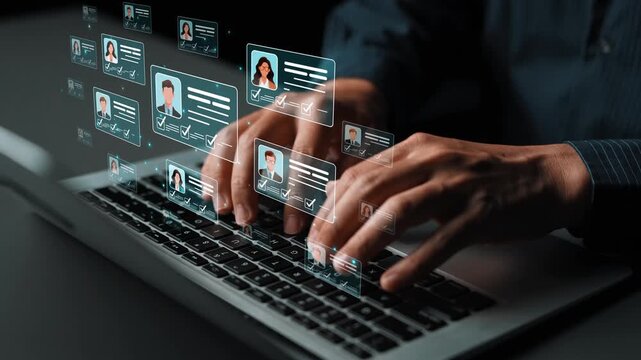 Hands typing on a laptop with digital interface showcasing multiple user profiles and data verification in a contemporary workspace setting Sigmoid