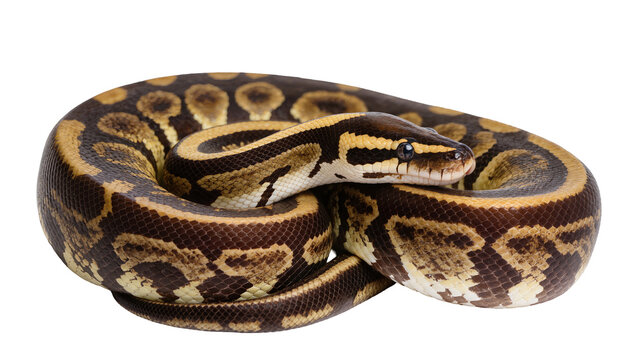 Ball Python coiled with brown and yellow patterned scales