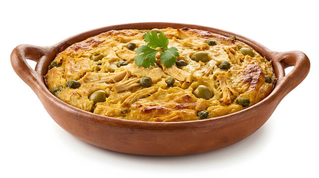 Panamanian tamal de olla, a traditional corn and chicken tamale casserole, isolated on a white background
