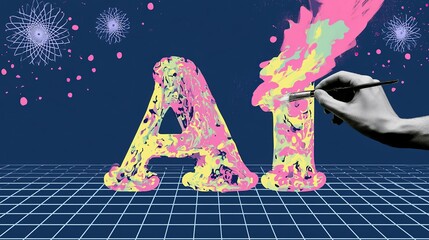 Fototapeta premium Playful abstract typography of AI lettering in mixed pink yellow green tones set on dark blue grid stage base, dotted decor and spirograph stars, black-white hand 