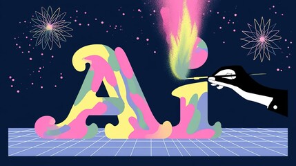 Fototapeta premium Playful abstract typography of AI lettering in mixed pink yellow green tones set on dark blue grid stage base, dotted decor and spirograph stars, black-white hand 
