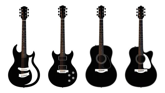 Four black electric guitars in a row with different body styles Vector