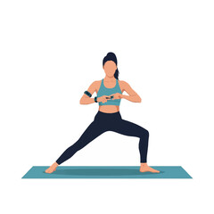 Fototapeta premium Vector illustration of a faceless woman in teal sports bra and leggings performing a side lunge on a yoga mat while checking a smartwatch and wearing a fitness tracker armband.