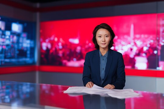 Confident news anchor in a modern broadcast studio, preparing to deliver the latest updates on live television.