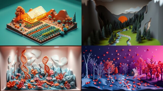 Isometric scenes depict nature, science, landscapes. Miniature worlds showcase vibrant colors, detailed structures, artistic design.
