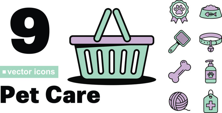 A collection of nine colorful pet care vector icons featuring a shopping basket and various animal supplies rendered in a clean modern flat graphic design style.