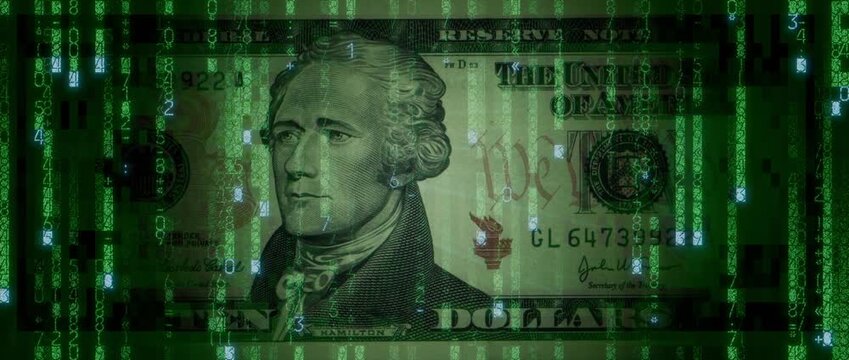 Electronic Currency Concept with Ten Dollar Bill made up of Animated Numbers and Symbols. Innovative Finance Wallpaper.