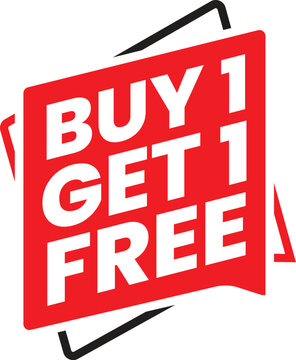 Buy 1 Get 1 Free promotional sticker vector. sale and deals background . BOGO sale offer label template isolated background.Red retail discount badge for seasonal sales marketing campaign