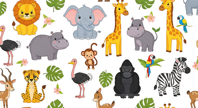 Cartoon jungle animals pattern with lion elephant giraffe zebra and monkey