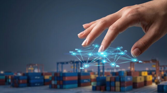 Supply chain resilience automation network technology logistics digital hand control warehouse transport connection cloud data future industry port cargo