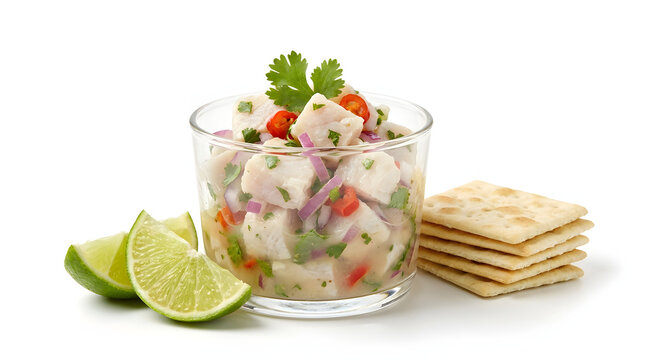 Fresh Panamanian corvina ceviche in a glass cup with lime, isolated on a white background