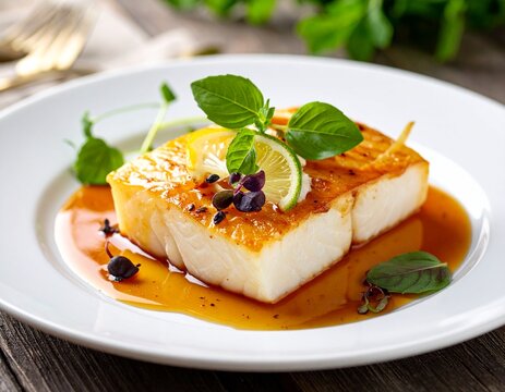 Fine dining plate of sablefish with maple glaze