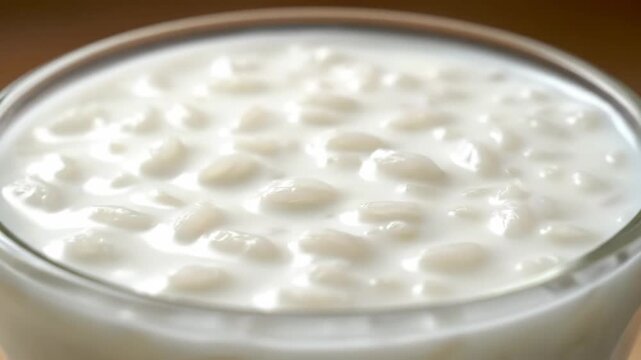 Creamy homemade rice pudding (arroz con leche) close-up in a glass bowl, showcasing the rich, sweet dessert texture