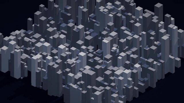 Abstract 4K UHD loop featuring a glowing neon futuristic scattered city skyline of procedural towers and data-blocks assembling from light with cinematic depth.