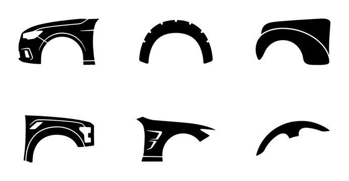 Car Fenders Set, Automotive Parts Icons, Vehicle Body Components, Black Silhouettes