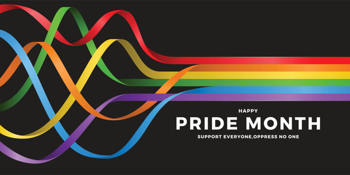 Happy pride month text and long line colorful waving mix to rainbow pride flag on black background vector design