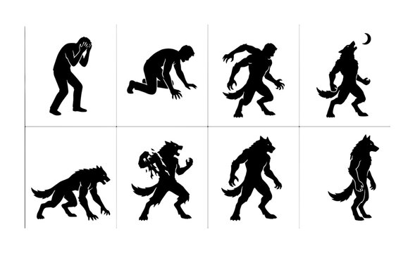 Werewolf Transformation Sequence, Human to Beast Silhouette Icons, Spooky Halloween Vector Set